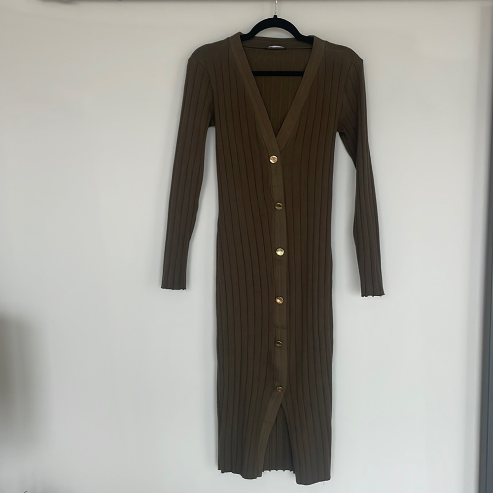 ZARA army green midi sweater dress with gold buttons